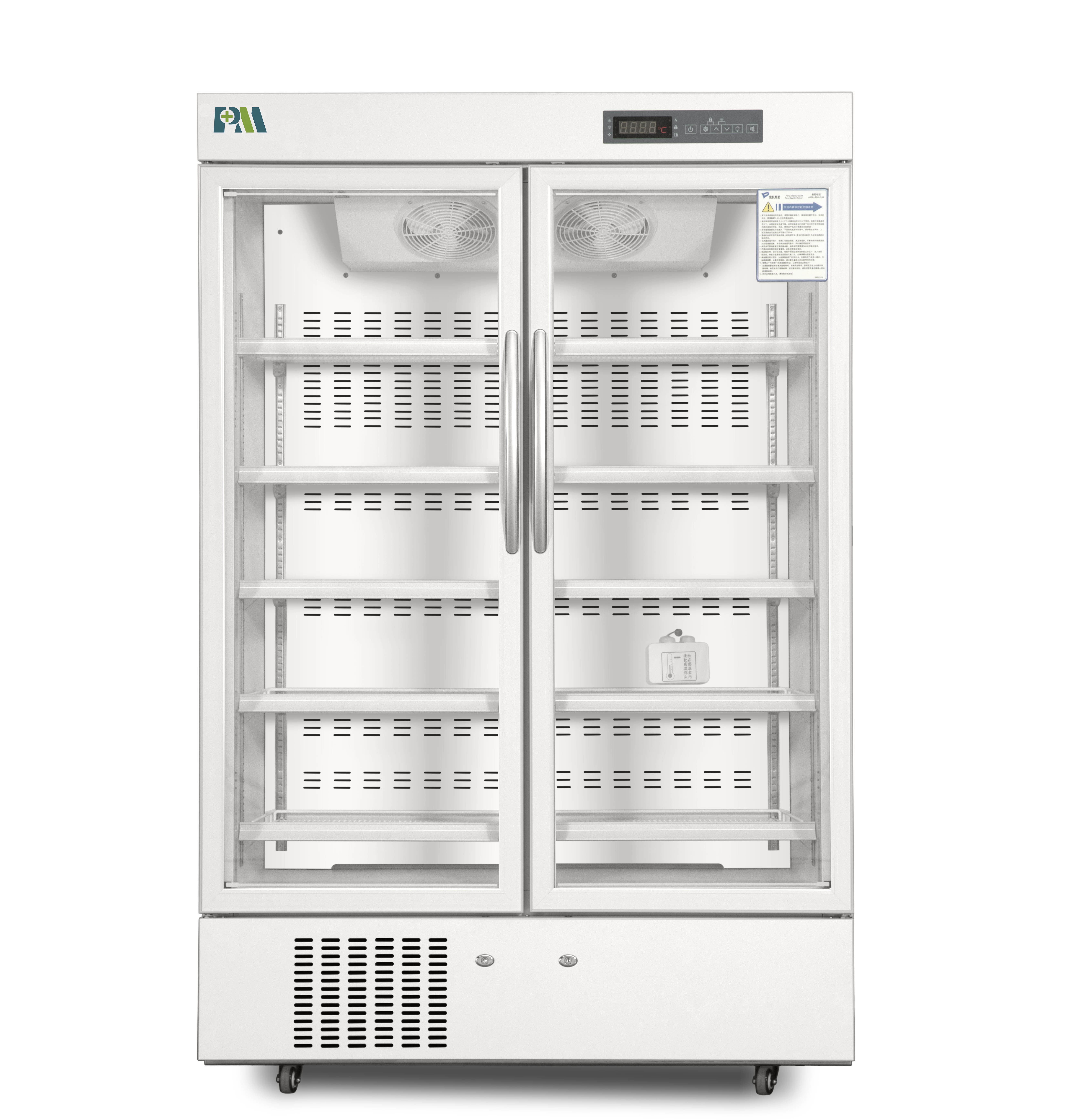 Διπλό ψυγείο βαθμού φαρμακείων πορτών γυαλιού με το εσωτερικό φως των οδηγήσεων